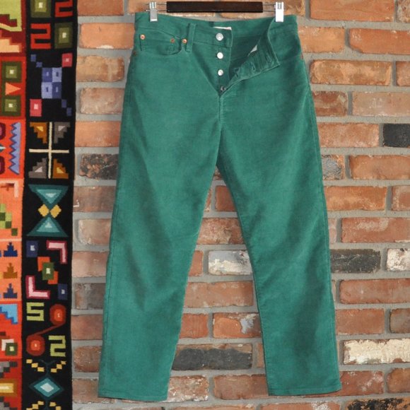 Levi's Green Wedgie High Rise Corduroy Button Fly White Tab Pants Cords W30 L26 - Picture 2 of 7